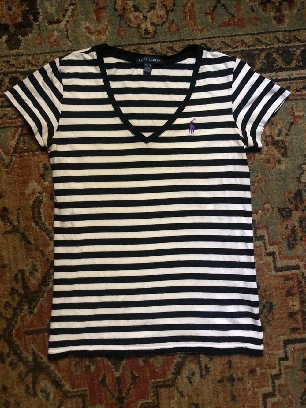 Women Ralph Lauren Black & White Striped V-Neck Tee
